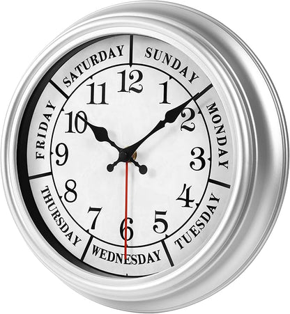 JENLYSTIME 12 Inch Retro Wall Clock,Classic Day of The Week Wall Clock,Silent Non Ticking Battery Operated Movement(Silver)