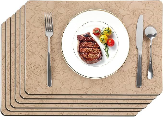 SolaraDawn Faux Leather Table Placemats Set of 6, Washable, Wipeable & Heat-Resistant Table Mats, Waterproof Dining Place Mats with Embossed Texture for Kitchen & Dining, Beige, 17" × 12"