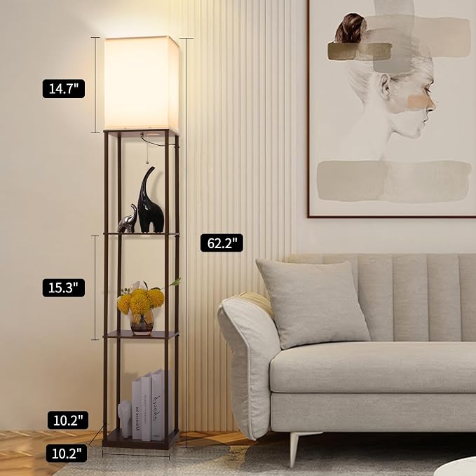 Gupuzm Floor Lamp with Shelves, Modern Square Standing Lamp with 3 Color Temperature Bulb, Corner Display Bookshelf Lamp for Living Room, Bedroom and Office(Brown-2 Pack)
