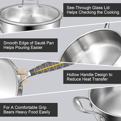 EWFEN 12 Inch Tri-Ply Stainless Steel Frying Pan, Compatible with All Cooktops Up to 600℉, Large Frying Pan with lids, Induction-Ready Skillet, Dishwasher and Oven Safe, Even Heat, 12" Pan+Handle+Lid