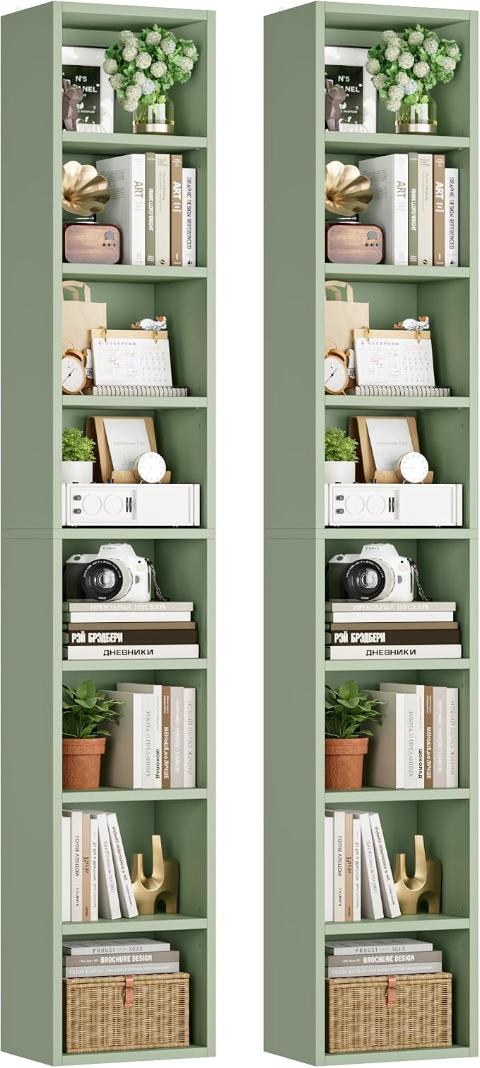 FOTOSOK 2 Pcs 71'' Tall Narrow Bookshelf, 8-Tier Media Tower Rack Set of 2, CD DVD Storage Cabinet with Adjustable Shelves, Tall Narrow Bookcase Skinny Display Bookshelf Slim Shelf, Green