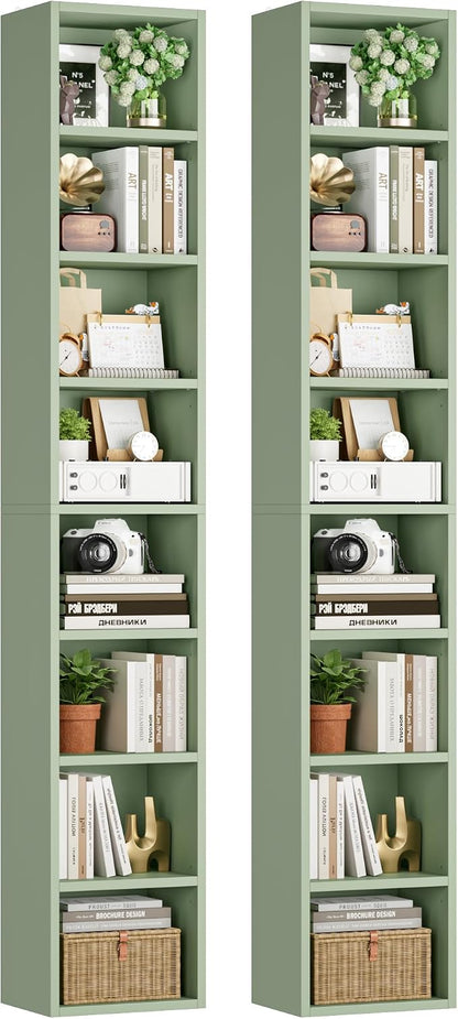 FOTOSOK 2 Pcs 71'' Tall Narrow Bookshelf, 8-Tier Media Tower Rack Set of 2, CD DVD Storage Cabinet with Adjustable Shelves, Tall Narrow Bookcase Skinny Display Bookshelf Slim Shelf, Green