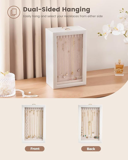 Lolalet Upgraded Double-Sided Hanging Necklace Organizer Box, Jewelry Display Case with Double-Sided Clear Window for Necklaces Bracelets, Tangle-Free Necklace Storage Box, White, 2-Layer 40 Hooks