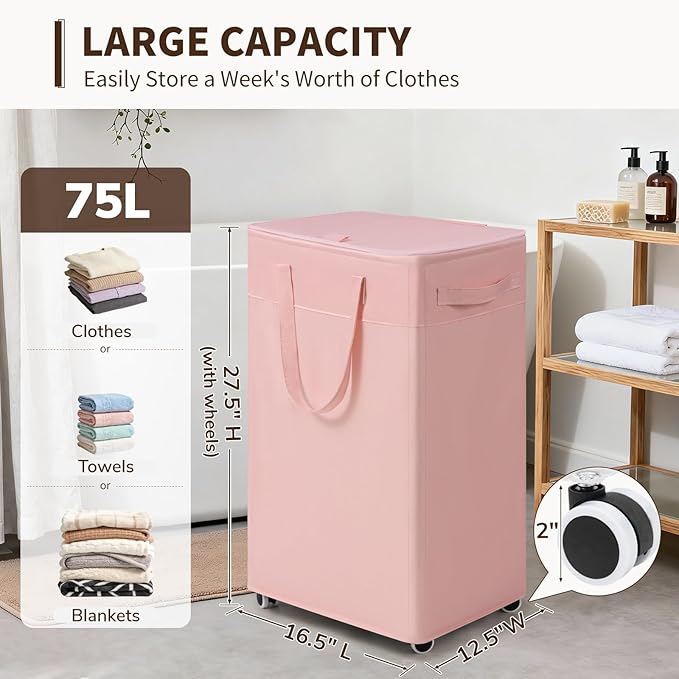 Goodpick Pink Laundry Basket with Wheels and Lid, 75L Rolling Laundry Hamper for Bathroom Bedroom, Collapsible Large Clothes Hamper with Removable Wash Bag, 16.5" x 12.5" x 27.5"