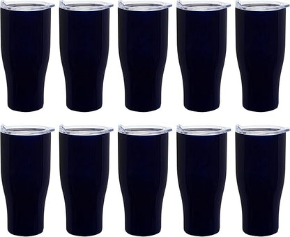 DISCOUNT PROMOS 10 Stainless Steel Grip Travel Mugs Set, 27 oz. - Vacuum Insulated, Plastic Lid - Blue