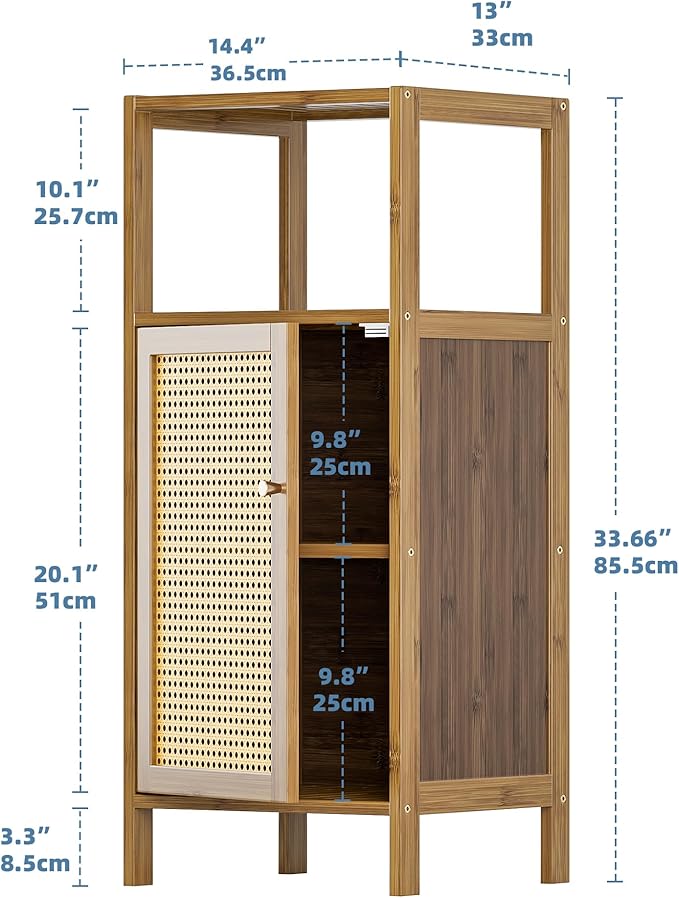HITNET Rattan Bathroom Floor Cabinet, Bamboo Storage Cupboard with Single Door, Freestanding Small Living Room Sideboard, Space Saving Entryway Storage Unit, Walnut
