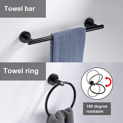 6 Pieces Matte Black Bathroom Hardware Accessories Set Hand Towel Ring 16&23.6 inch Round Towel Bar Silver Toilet Paper Holder Towel Hooks 2 Pieces SUS 304 Stainless Steel,Heavy Duty,Wall Mounted