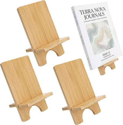 4 Pack Bamboo Book Display Stand Bamboo Book Holder for Books, Magazines, Picture Artworks, Small Easels for Display, Display Bookstand for Coffee Table, Kitchen, Office