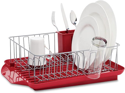 Farberware Classic Large Rust Resistant Full Dishrack with Removable 3 Compartment Flatware Caddy, Andlged Drain Board, 3-Piece, Red