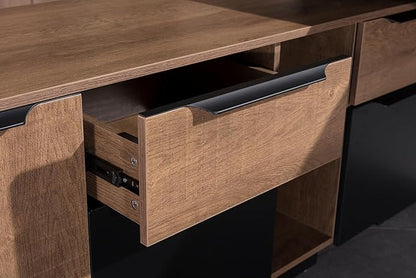 SAINTCY Retractable L-Shaped Executive Desk, Commercial-Grade Office Desk with Reversible Storage Cabinet, Modern Executive Desk with Drawers and Lateral File Cabinet for Home & Business Office