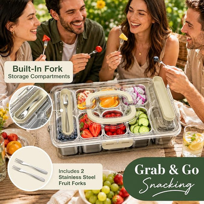 Ankou Snackle Box Container, Stainless Steel Divided Serving Tray with Lid, Handle and Forks