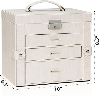 AKOZLIN 4-Tier Jewelry Box Lockable Leather Jewelry Storage Case Organizer with 3 Drawers for Women Girls Ring Necklace Earring Bracelet Watches Holder with Mirror