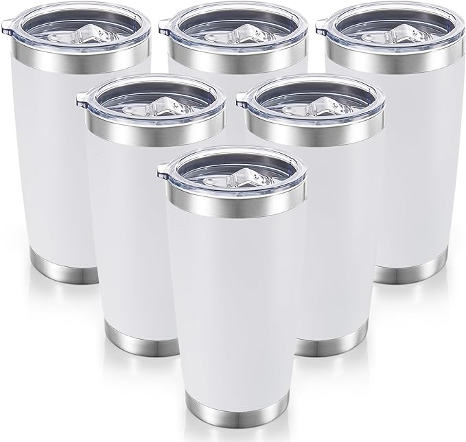 20 oz Tumblers Bulk Stainless Steel Tumbler with Lid Double Wall Vacuum Insulated Coffee Mug 20oz Powder Coated Cup for Hot and Cold Drinks, White, 6 pack