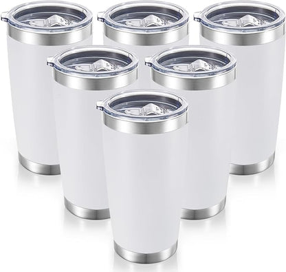 20 oz Tumblers Bulk Stainless Steel Tumbler with Lid Double Wall Vacuum Insulated Coffee Mug 20oz Powder Coated Cup for Hot and Cold Drinks, White, 6 pack
