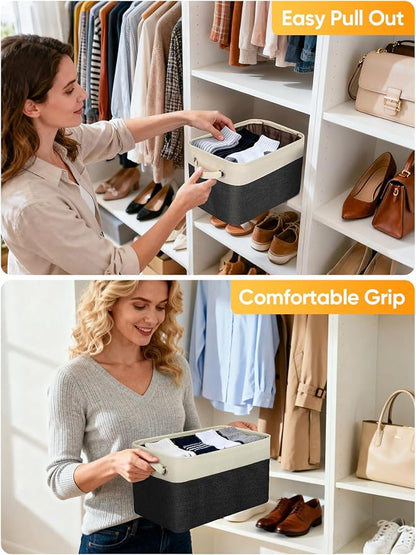 BALEINE 2 Pack Fabric Closet Storage Bins for Shelves, Linen Closet Organizers and Storage, Decorative Baskets for Organizing, Shelf, Clothes, Home, Office (Black, 12"x8"x8")