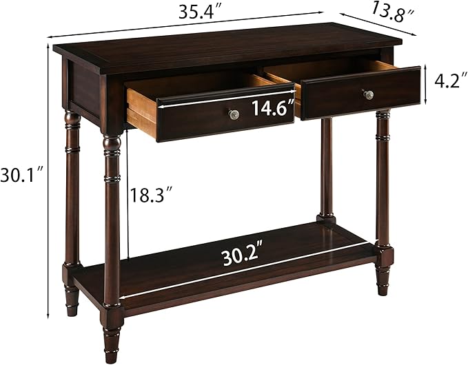 Solid Wood Console Table with 2 Drawers, 2-Tier 35.4" X 30" Accent Sofa Table with Multilayer Storage Shelf Rustic Hall Entryway Tables for Living Room Home Office-Walnut 004DC