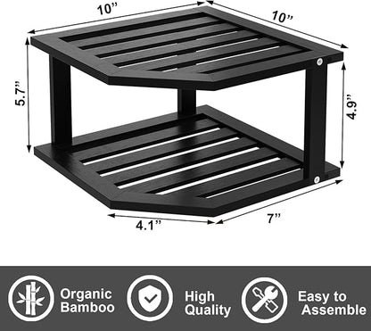 VERTORGAN Bamboo Corner Shelf(3 Pack),2 Tier Plate Organizer for Cabinet and Countertop,Pantry Dish and Spice Rack for Kitchen(Black)