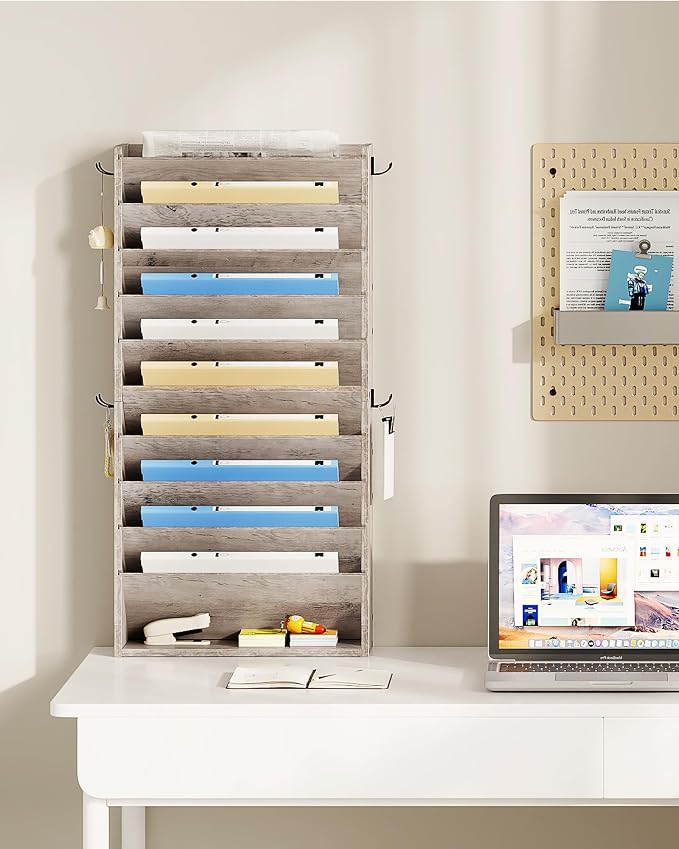 CHOEZON Wall File Organizer, 10-Tier Hanging Mail Organizer, Wall Mount File Holder with 4 Side Hooks, Industrial Mail and Storage Organizer, Wooden Vertical Hanging Holder for Office, Greige MWJ03FH