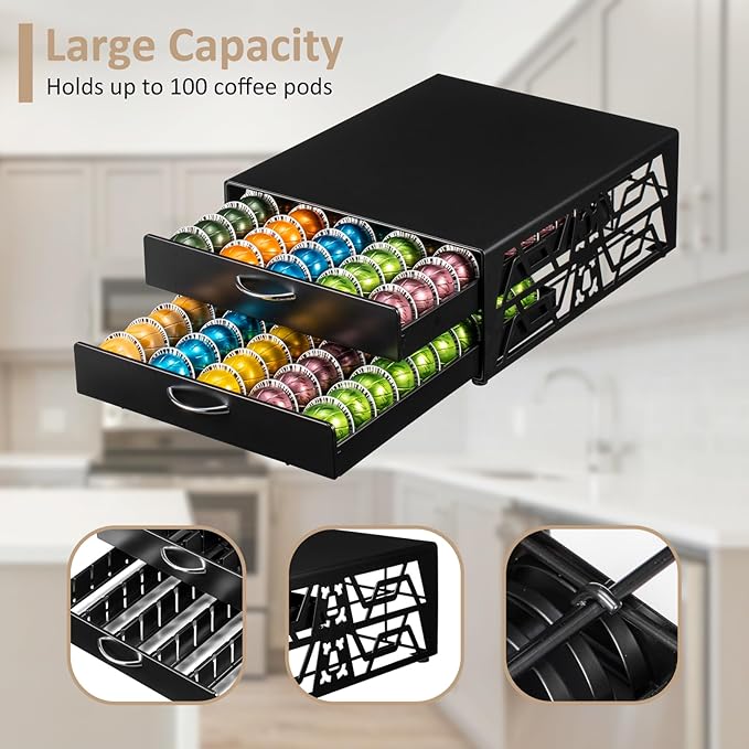 ZCDCP 2-Tier 100-Capacity Vertuo Pod Organizer for Nespresso - Space-Saving Coffee Capsule Drawer Storage System for Fits All Vertuo Pods