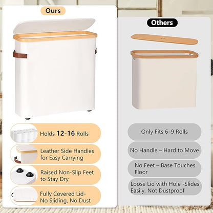 Extra Large Toilet Paper Storage Basket with Lid, 32.4L Toilet Paper Holder for Bathroom, Modern Neutral Style Holds 12–16 Rolls Waterproof & Sturdy with Leather Handles, Beige