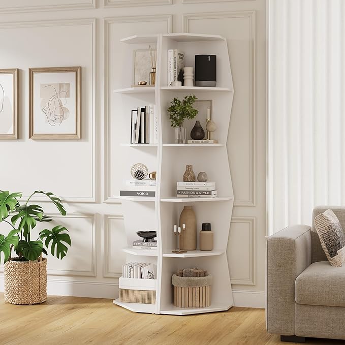 Vividwood Wavy Corner Shelf, Modern 6-Tier Irregular Wooden Corner Bookshelf, Narrow Tall Display Bookcase for Living Room, Bedroom