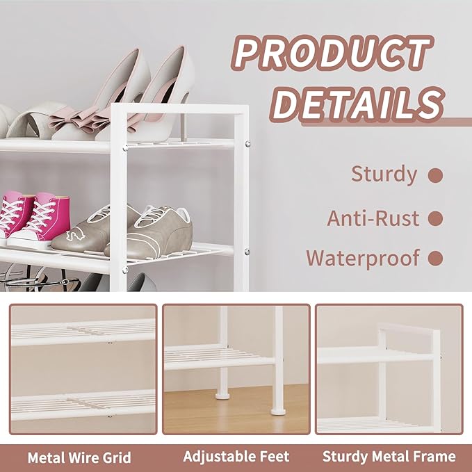 White Shoe Rack,3 Tier Metal Simple Shoe Storage Organizer Multi-Functional Shelf for Closet,Entryway, Garage,Dorm Room(White, 3 Tier)