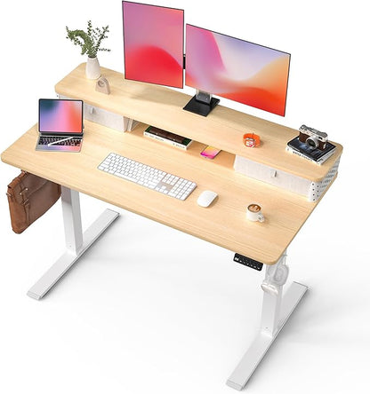 FiCiHi Standing Desk with Drawers, C-Clamp Mount Compatible, 48x24 Inch Electric Adjustable Height Computer Stand Up Desks, Home Office Sit Stand Table with 3 Preset Heights & 2 Hooks, Natural