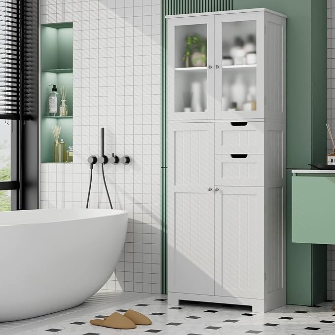 BOTLOG 67'' Tall Bathroom Storage Cabinet, Linen Cabinet with Glass Doors and Adjustable Shelves, Kitchen Pantry with 2 Drawers for Bathroom, Living Room, Dining Room, White