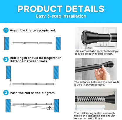 AIZESI Tension Curtain Rod 28 to 48 Inch, 2pcs Black Tension Rod Adjustable Curtain Rod Curtain Tension Rod Spring Tension Curtain Rod No Drill Spring Curtain Rod Small Shower Rod