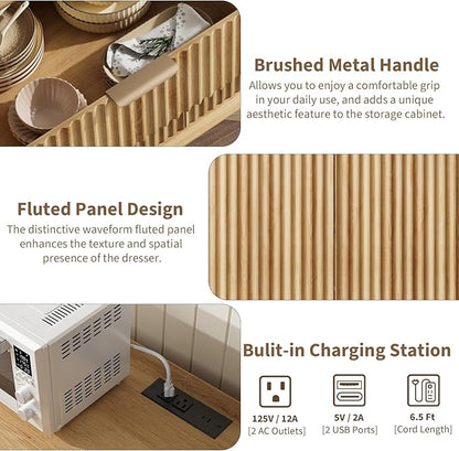 QUW Fluted Buffet Sideboard Cabinet with Storage, 47.2" Kitchen Cabinet with Drawers and Adjustable Shelves, Modern Coffee Bar with Charging Station, for Dining Room, Living Room, Natural Oak