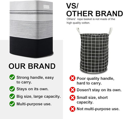 Laundry Hamper, Large Woven Rope Tall Laundry Basket with Handles, 22" X 17" X 13", Decorative Storage Basket for Clothes and Blankets in Living room, Bedroom, Black& White