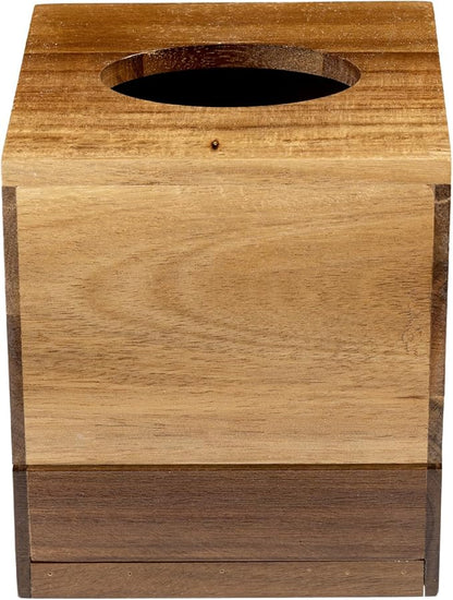 MyGift Premium Dual Tone Solid Acacia Wood Square Bathroom Facial Tissue Box Dispenser Holder Cover with Slide-Out Bottom Panel, 5.5 x 5.5 x 6.3 Inches