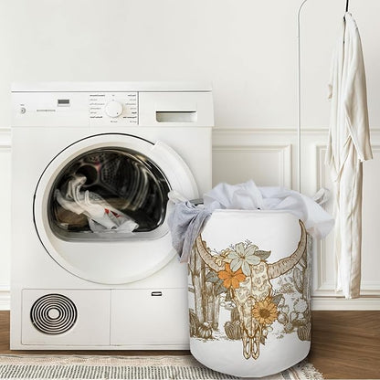 Western Laundry Basket, Vintage Western Floral Bull Skull Waterproof Collapsible Laundry Hamper Dirty Clothes Storage Toy Bin Organizer for Western Bathroom Bedroom, Western Home Decor