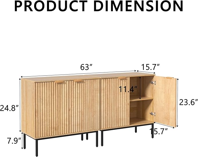 Fluted Sideboard, Buffet Cabinet with Storage, Wooden with Doors and Shelves, Accent Cabinet for Living Dining Room, Entryway