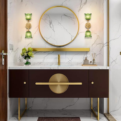 2-Lights Gold Wall Sconce with Green Glass Shades Modern Mid Century Bathroom Vanity Wall Light Fixtures Industrial Brushed Brass Wall Lamp for Bedroom Mirror Living Room