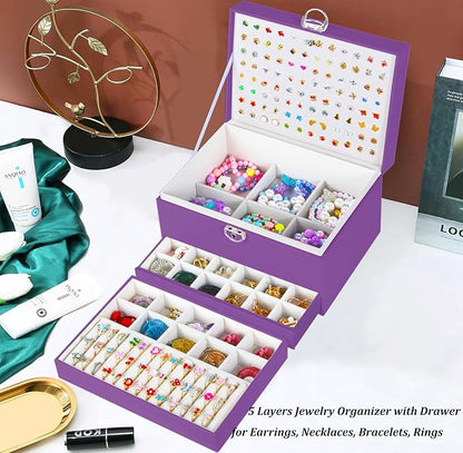 QBestry Earrings Jewelry Box for Girls, 5 Layers Jewelry Organizer with Earring Holder Organizer for Girls Earring Organizer Jewelry Boxes for Women Earrings and Necklaces Jewelry Box Organizer Purple