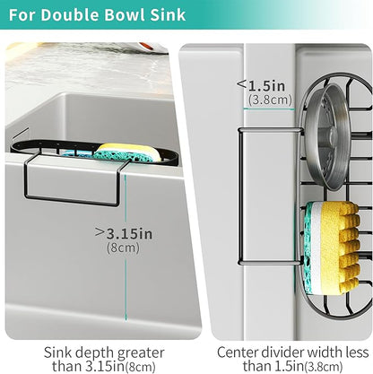 HapiRm Sponge Holder for Kitchen Sink - Rustproof Hanging Kitchen Caddy for Double-Bowl Sink, Center Divider Width Less Than 1.5in- Black