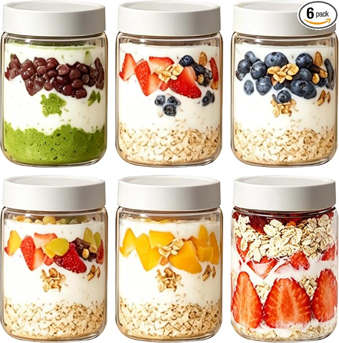 Overnight Oats Containers with Lids 6 Pack Heat-Resistant Borosilicate Glass jars with Airtight Lids, Wide mouth Mason jars 19oz Food Storage Jars for Meal Prep Oats Chia Pudding Yogurt Salads Snack