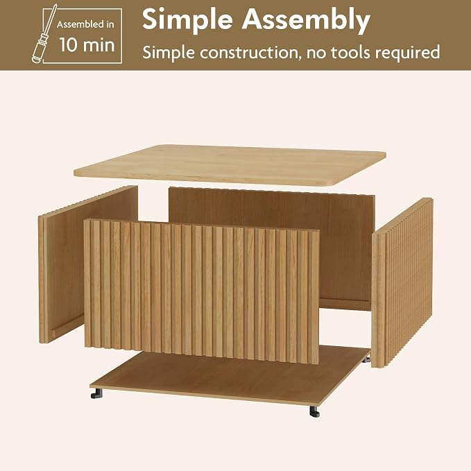 Fluted Square Coffee Table with Storage-Large Wood Center Table with Solid Wood Veneer Top, Mid Century Modern Low Coffee Table for Living Room, Natural