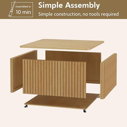 Fluted Square Coffee Table with Storage-Large Wood Center Table with Solid Wood Veneer Top, Mid Century Modern Low Coffee Table for Living Room, Natural