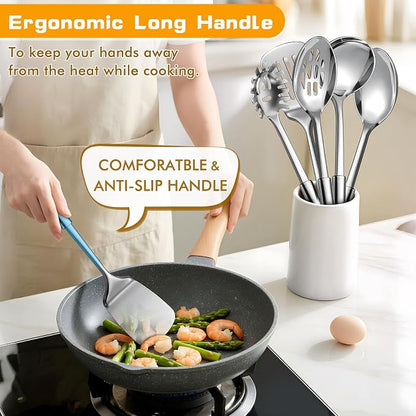 6 Pcs Cooking Utensils Set, Stainless Steel Kitchen Utensils, Heat Resistant Metal Kitchen Tools Include Solid & Slotted Turner Wok Spatula, Serving Spoon, Ladle, Pasta Server, Easy to Clean, Silver