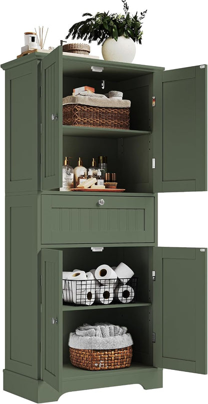 ChooChoo 51" H Tall Bathroom Floor Cabinet, Modern Bathroom Storage Cabinet with Drawer and Adjustable Shelves, Freestanding Kitchen Pantry Cupboard with 4 Doors for Living Room, Green