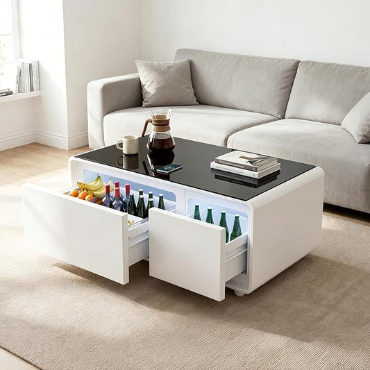 Smart Coffee Table with Fridge and Bluetooth Speakers, Smart Refrigerator Table with 15W Wireless Charger, Touch Control Panel, USB Port, Atmosphere Light and More, LT90 Pro-White