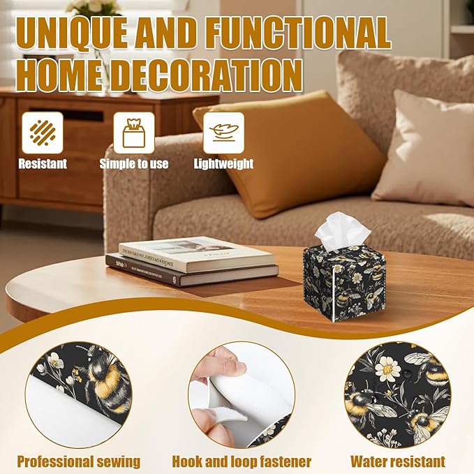Honeybee White Daisy Tissue Box Cover 2PCS, Leather Tissue Box Holder Square Facial Paper Case Tissue Box Cube Organizer for Bathroom Bedroom Desk Office
