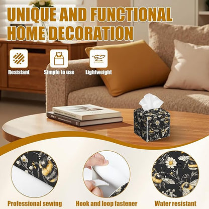 Honeybee White Daisy Tissue Box Cover 2PCS, Leather Tissue Box Holder Square Facial Paper Case Tissue Box Cube Organizer for Bathroom Bedroom Desk Office