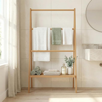 Bamboo Ladder Towel Rack - Blanket Holder with Storage Shelf for Bathroom & Living Room, Freestanding 30.16" L x 12.01" W x 51" H, Eco-Friendly