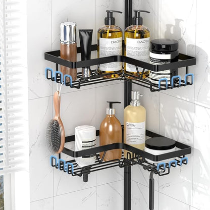 DAOYA Corner Shower Caddy + 2 Soap Holders, 4 Tier Shower Caddy Tension Pole Stainless Steel Black, Extends 25-114.2 Inches, for Bathroom Organizers and Storage, Renter-Friendly and Gift Idea