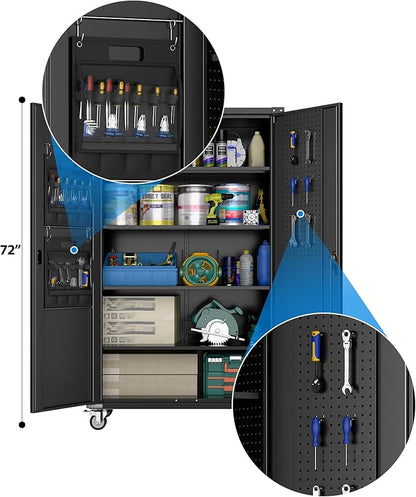 43.3''W x 22''D x 72''H Wide and Deep Garage Storage Cabinet with Wheels & Pegboard & 9 Hooks, Lockable Metal Storage Cabinet with 2 Doors and 4 Adjustable Shelves for Garage, Home, Black