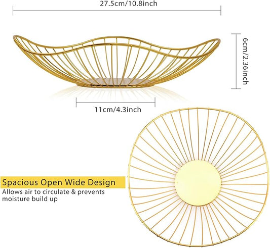 Lainrrew Metal Wire Fruit Basket, Fruit Bowl Fruits Holder Snacks Storage for Kitchen Counter, Metal Bread Basket Vegetable Holder Stand Storage Baskets for Countertop, Home Decor (Gold)
