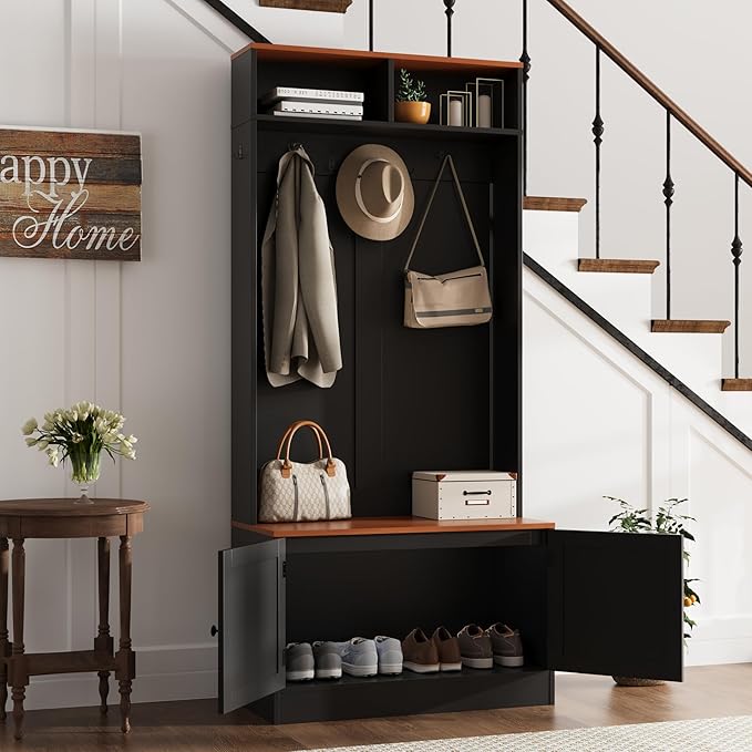 Entryway Hall Tree with Bench and Storage, 5-in-1 Farmhouse Coat Rack with 7 Hooks, Bench with Coat Rack with Storage Shelves for Hallway, Hallway, Black